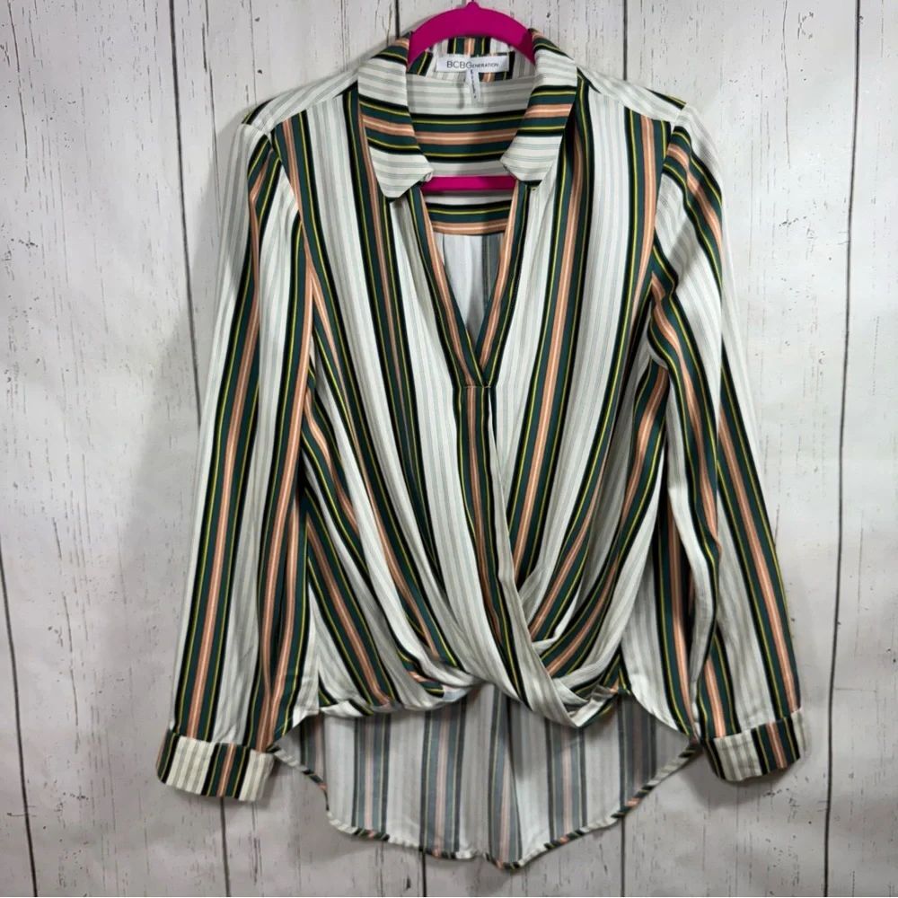 BCBGeneration Womens Faux Wrap Hem Top Blouse Collared Striped High Low Preppy